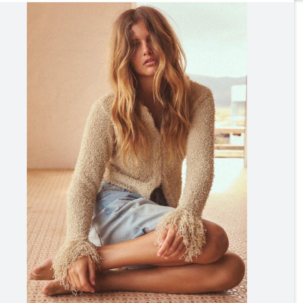 Zara Beige Fringe Cardigan